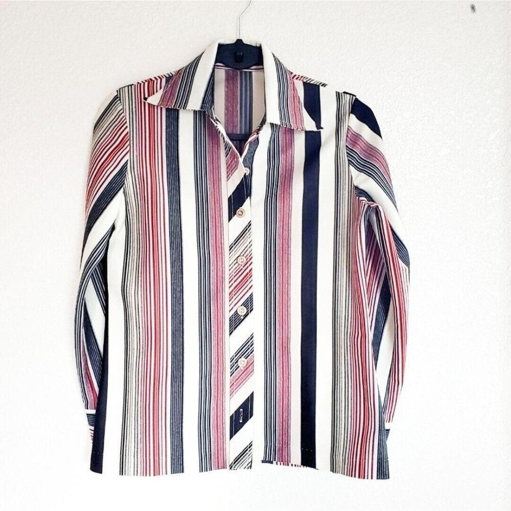 Womens Top Striped S Vintage 70's Butterfly Collar Funky Long Sleeve